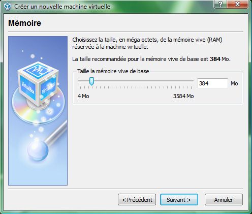 Capture décran - Choix de la quantité de mémoire vive allouée à la machine virtuelle Capture décran - Choix de la quantité de mémoire vive allouée à la machine virtuelle